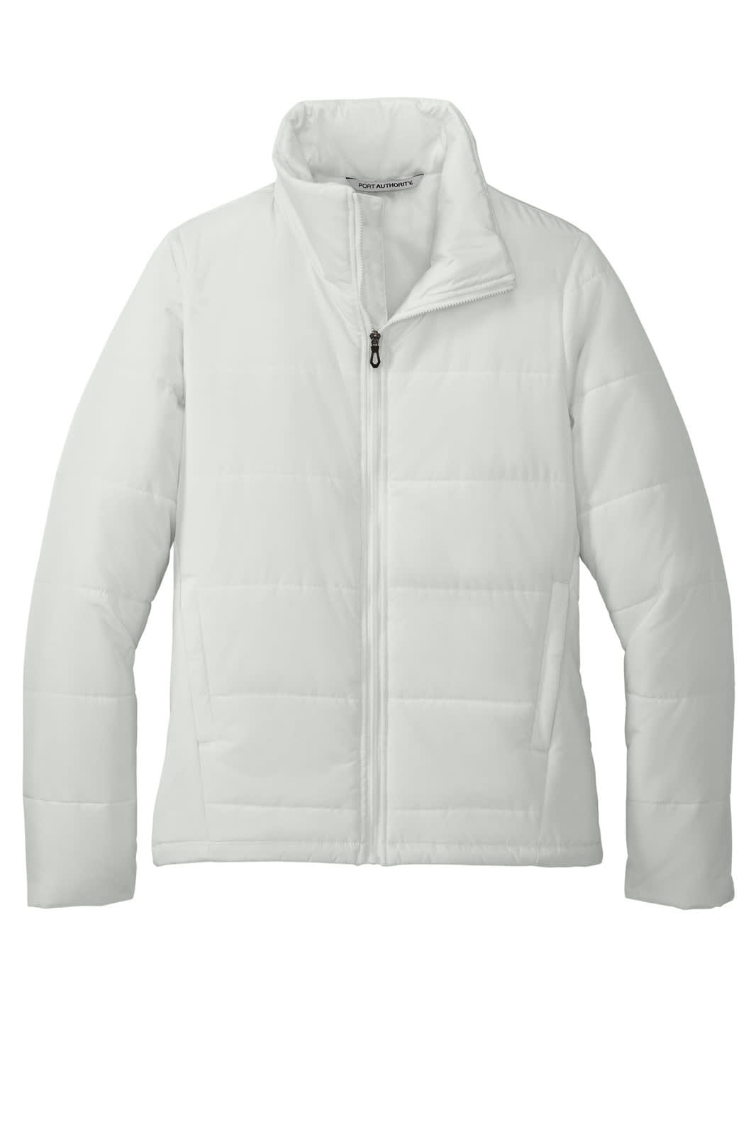 A white ladies puffer jacket featuring a zip front and a stand-up collar, with a logo on the chest.