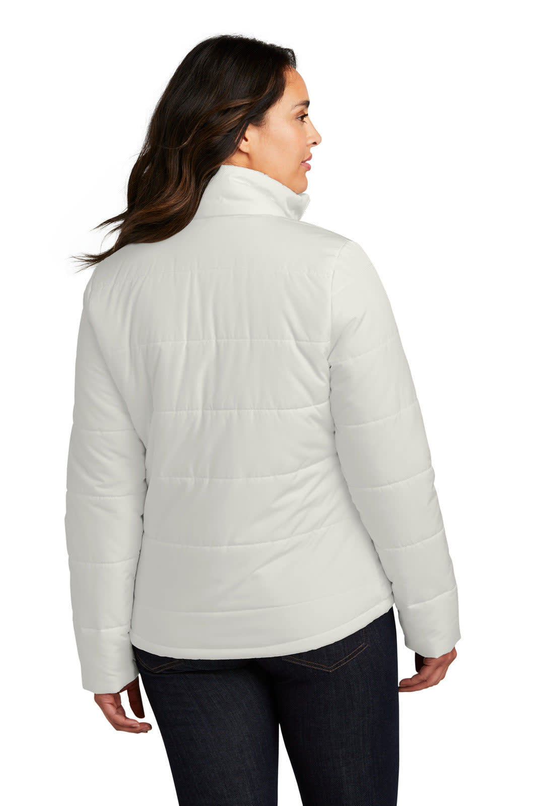 A ladies' puffer jacket in white, featuring a high collar and a quilted design, with a visible logo.