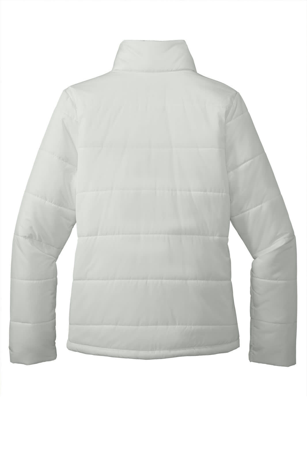 A white women's puffer jacket with a high collar and a logo on the back.