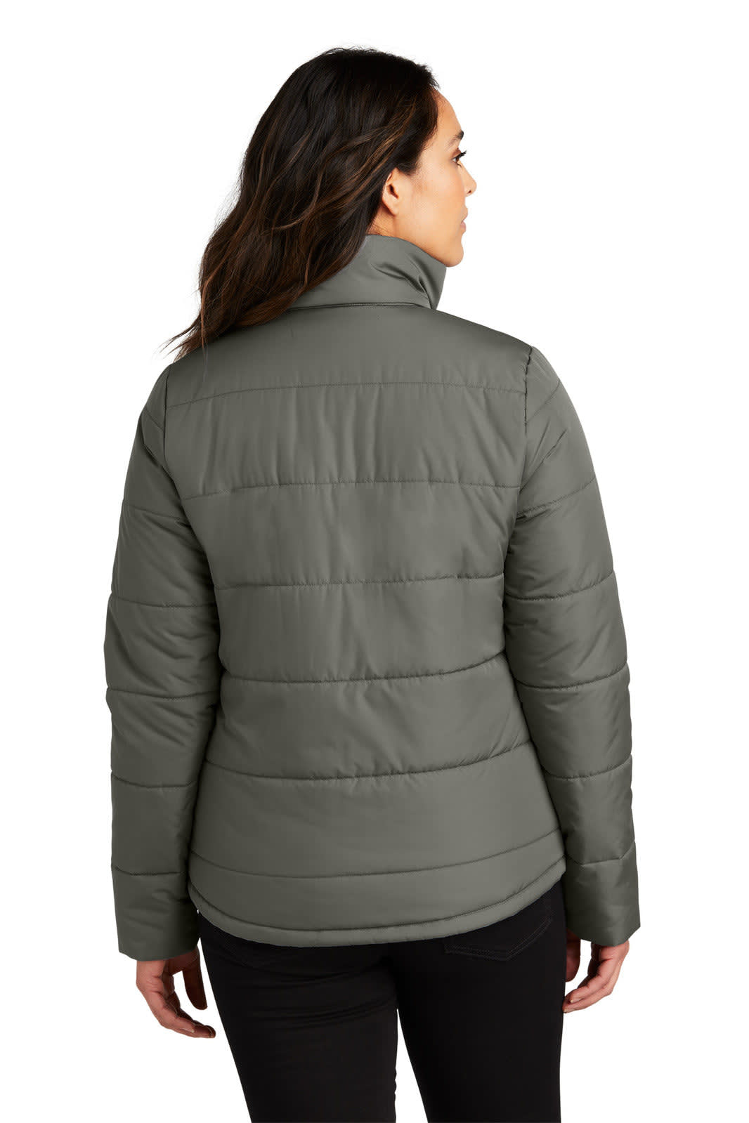 A green ladies' puffer jacket with a high collar, featuring a stitched design and a logo on the back.