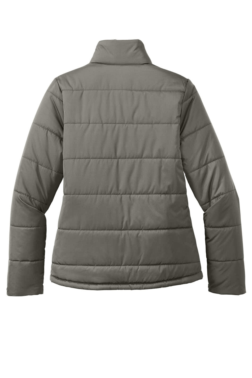 A grey Port Authority ladies puffer jacket, featuring a quilted design, seen from the back with a collar.