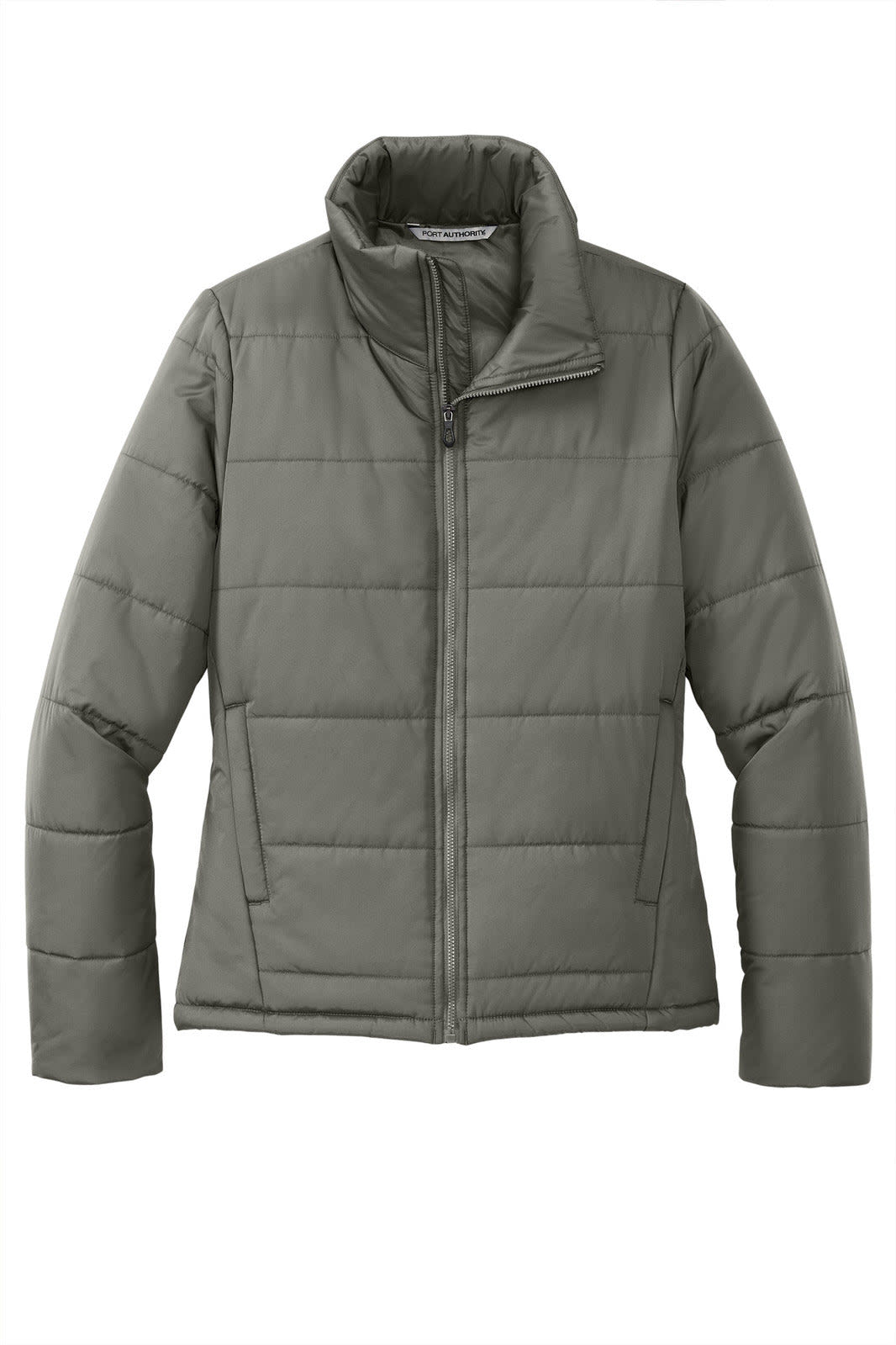 A ladies' puffer jacket in olive green with a zippered front and a stand-up collar, featuring side pockets and a logo.