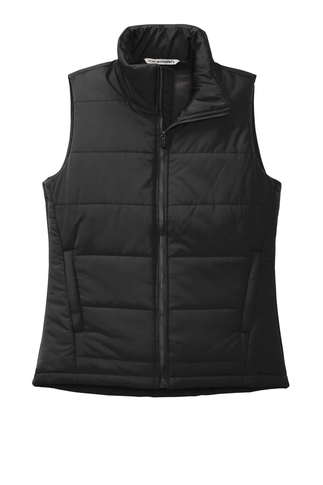 A black ladies' puffer vest featuring a high collar and zippered front, with two side pockets and a logo.