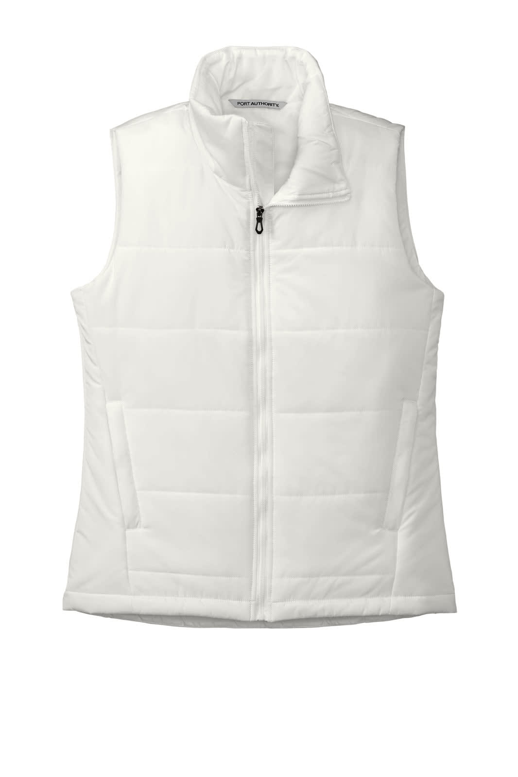 A white puffer vest with a high collar and zippered front, featuring side pockets and a logo.