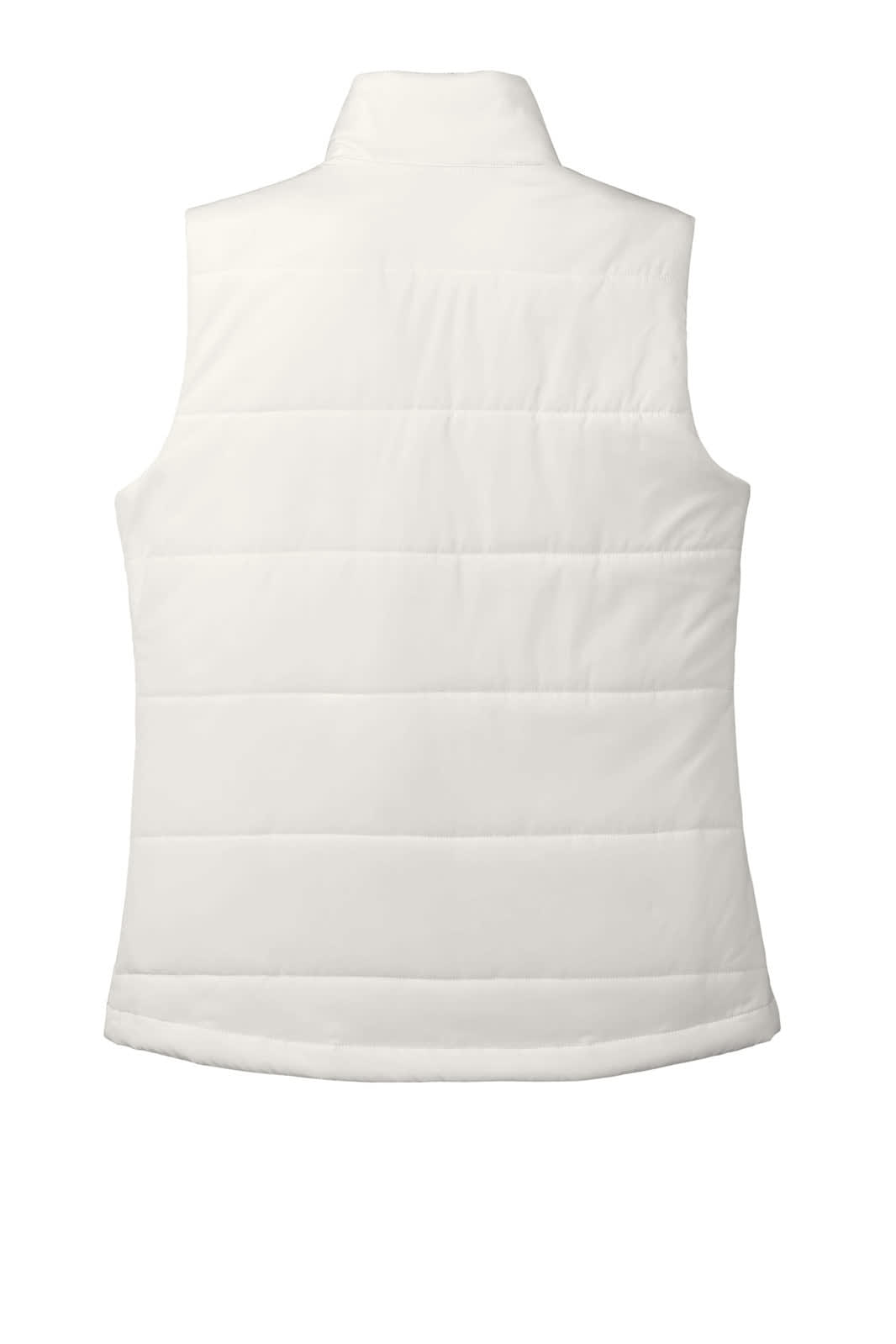 A white ladies puffer vest with a high collar and horizontal stitching, featuring a logo.