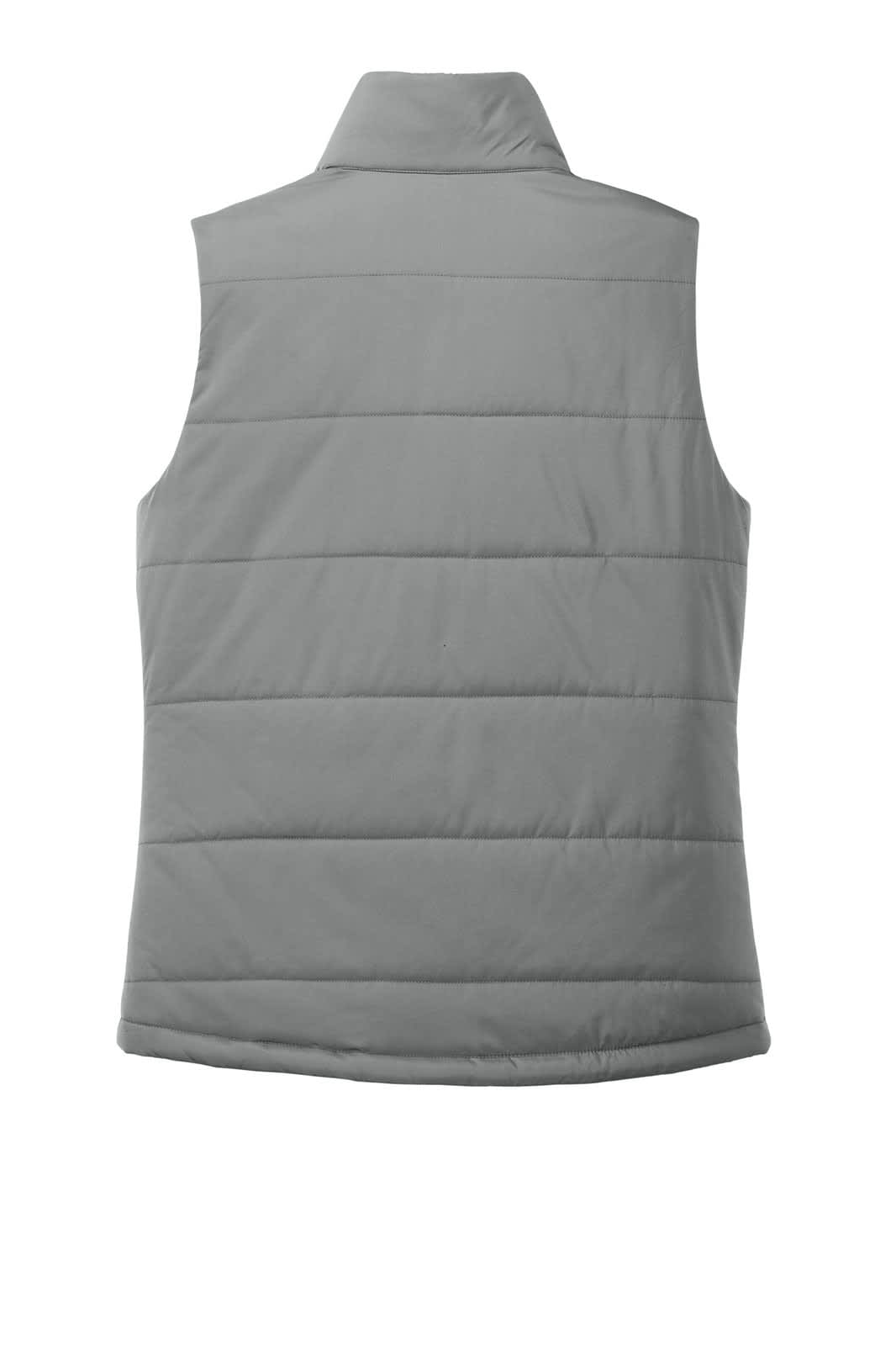 A grey ladies puffer vest with a quilted design and no sleeves, featuring a collar and a brand logo.