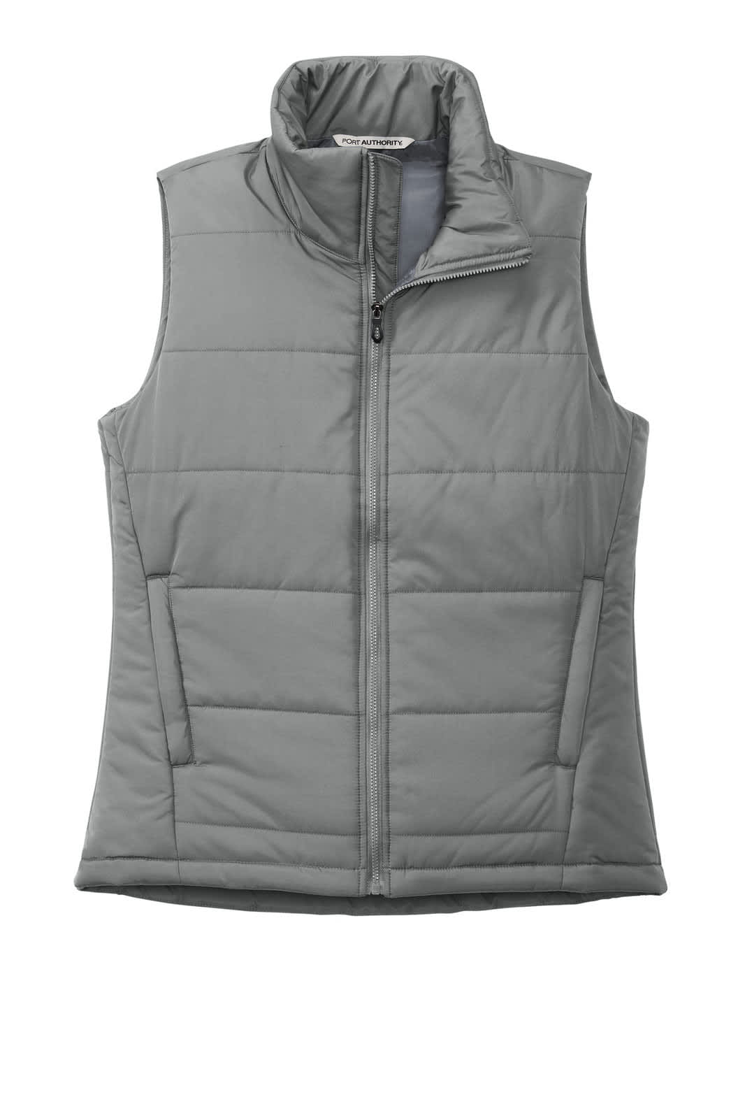 A grey puffer vest with a high collar and zip front, featuring side pockets and a brand logo.