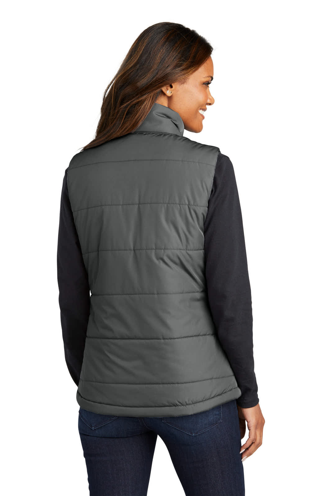 A dark grey ladies puffer vest with a high collar, featuring a logo, seen from the back.