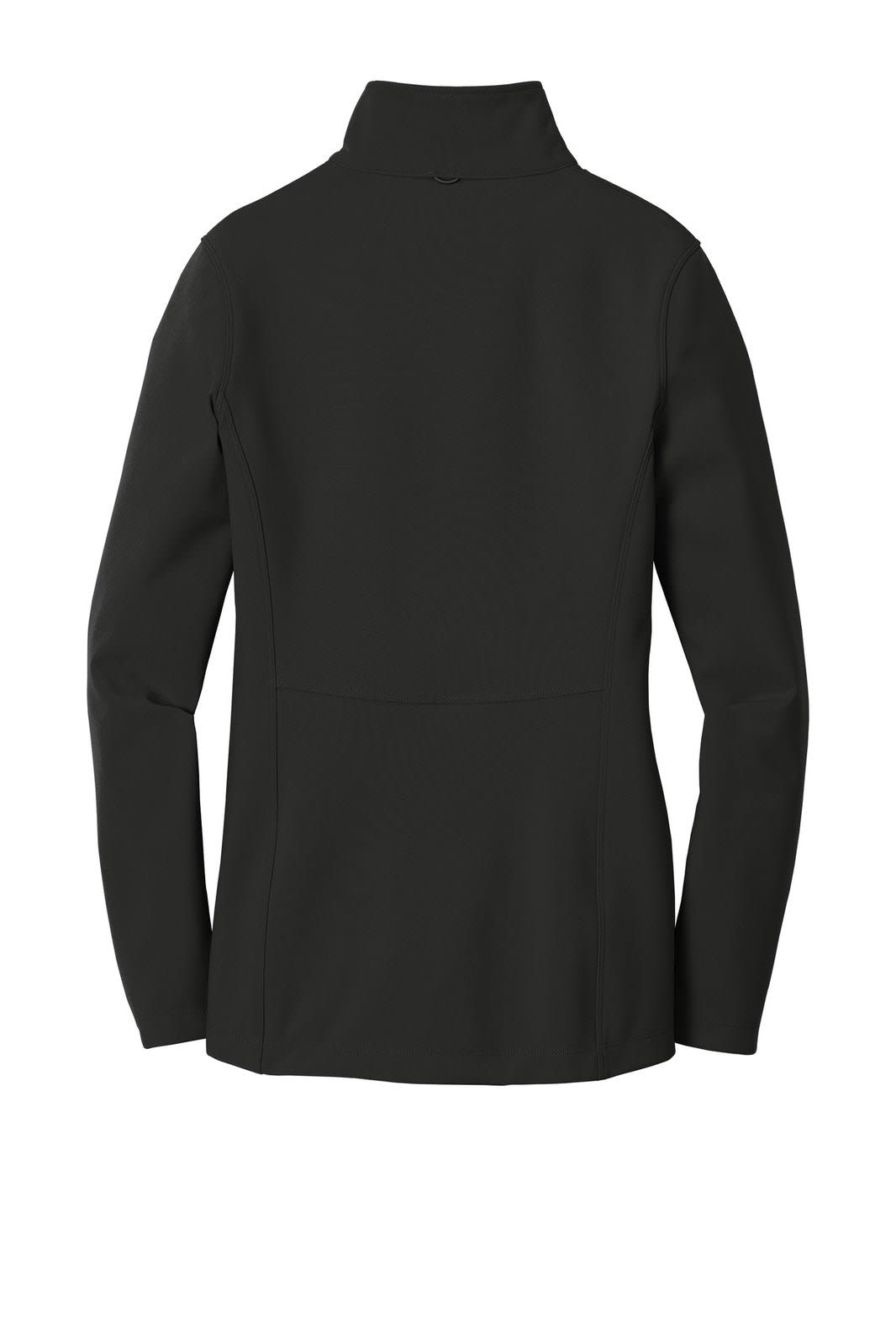 A black soft shell jacket with a fitted design and a high collar, featuring a logo on the back.