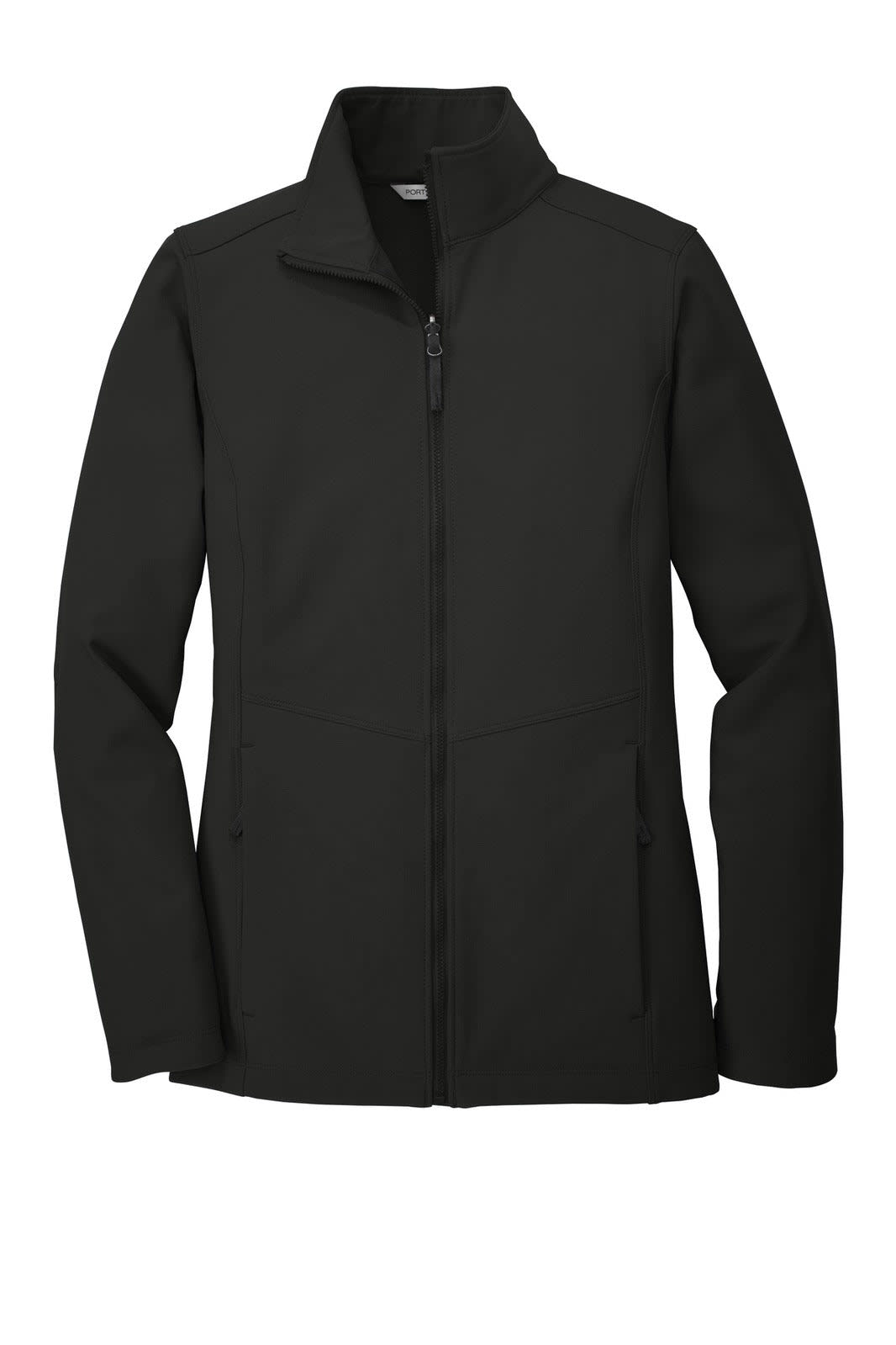 A black soft shell jacket featuring a zip front, high collar, and side pockets, with a logo on the front.
