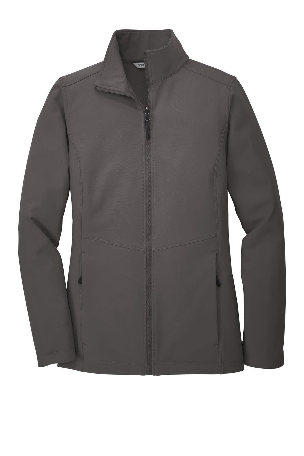 A soft shell jacket in dark grey with a high collar and zippered front, featuring side pockets and a logo.