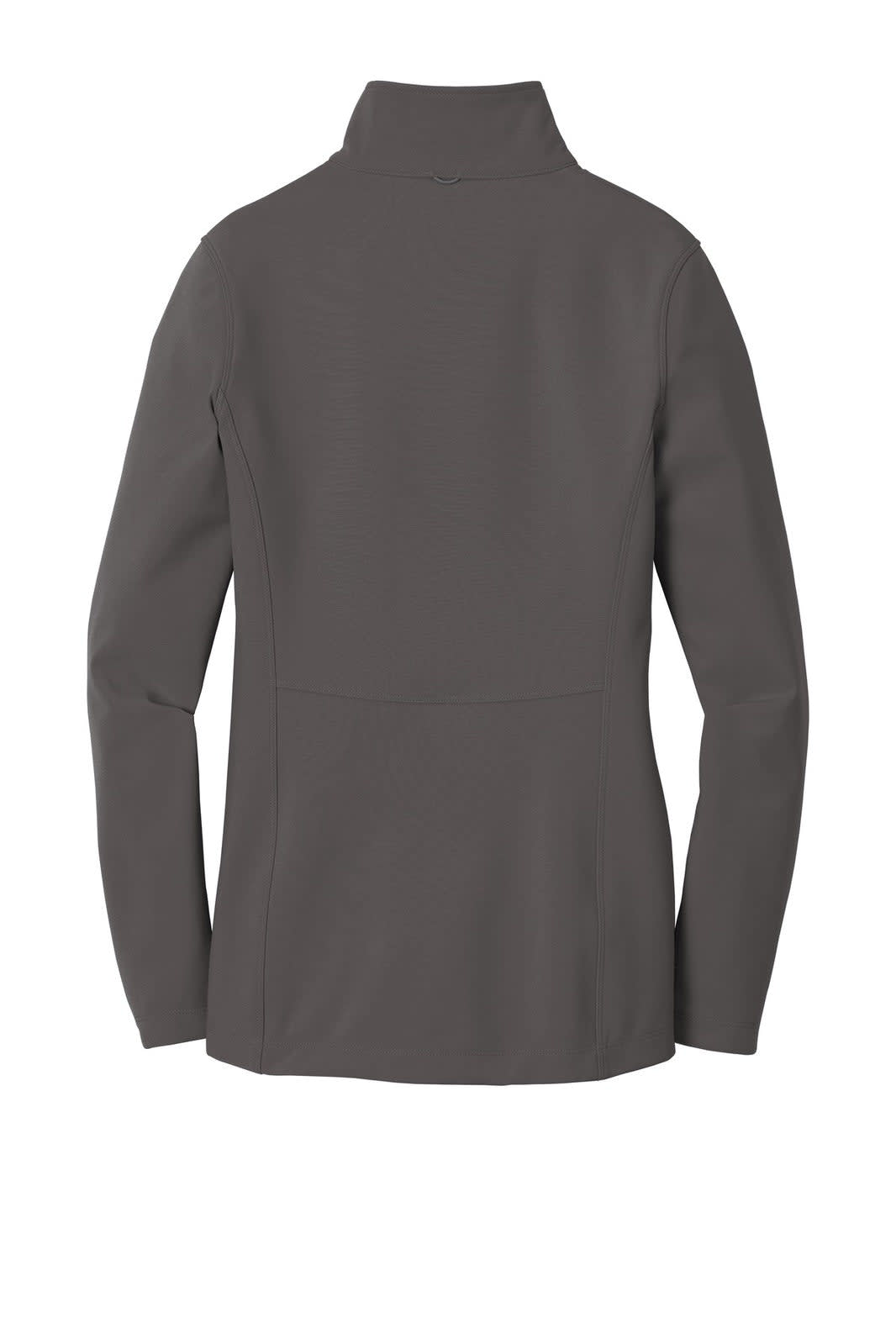 A soft shell jacket in grey, featuring a fitted design and a high collar. The back view highlights the jacket's seams and silhouette.