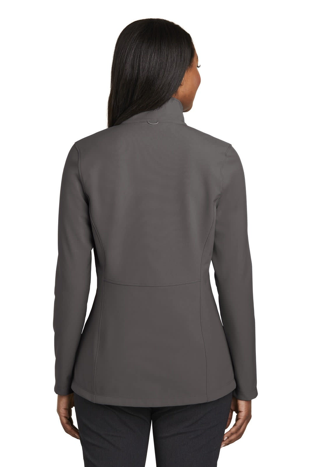 A soft shell jacket in dark grey, featuring a tailored fit and a high collar. It has a logo on the back.