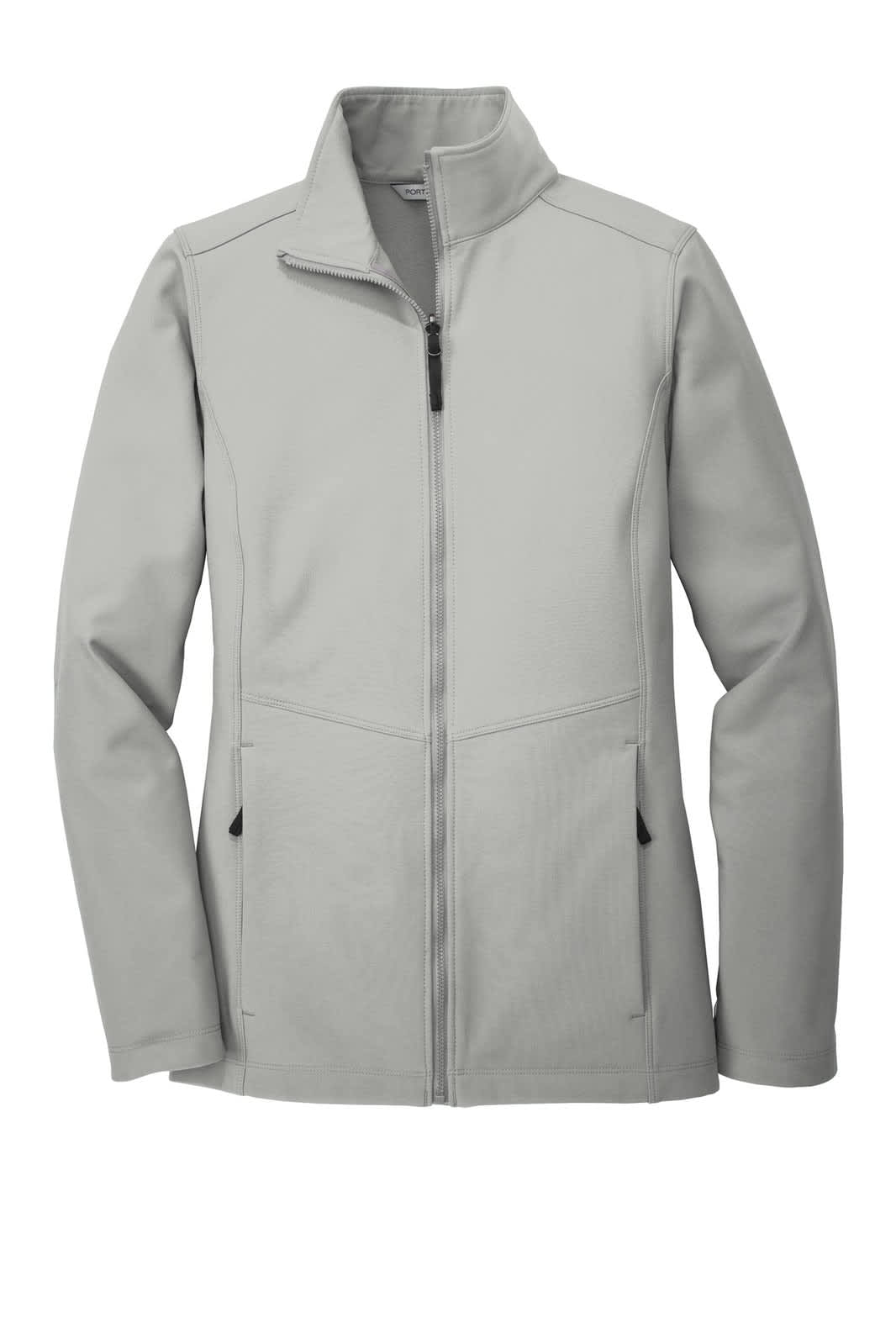 A light grey women's soft shell jacket with a zip front and side pockets, featuring a small logo.