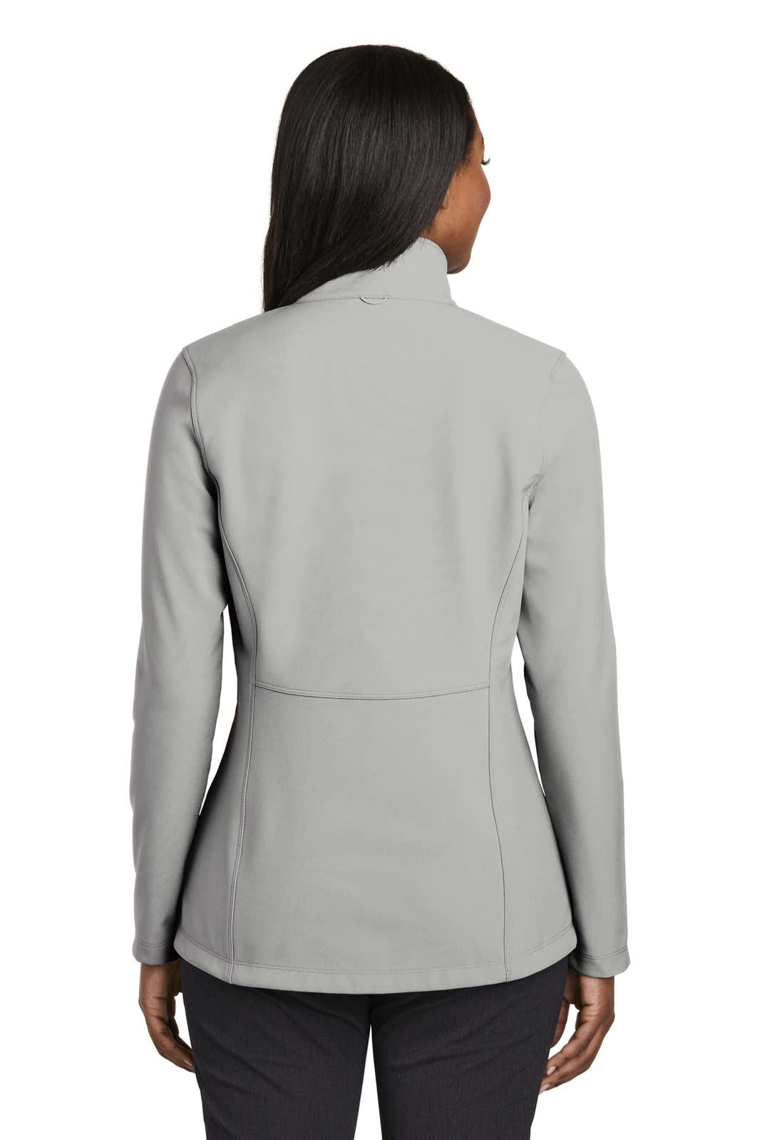 A soft shell jacket in light grey, featuring a sleek design and a subtle logo on the back.