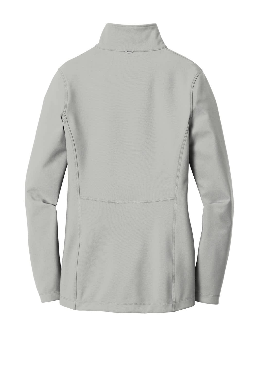 A light grey soft shell jacket featuring a high collar and a discreet logo on the back.