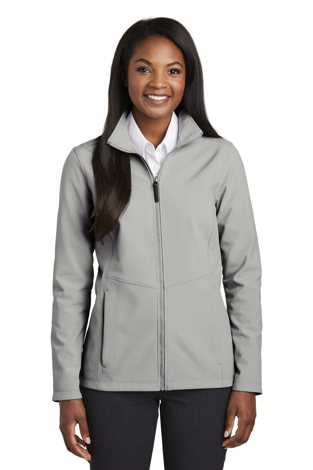 A grey soft shell jacket for women with a zip front and two pockets, featuring a subtle logo.