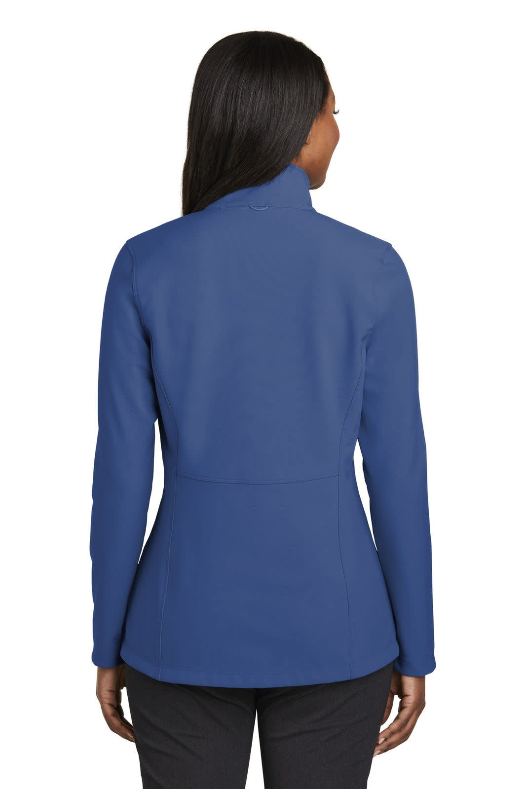 A blue soft shell jacket for women, featuring a fitted design and a high collar, with a logo on the back.