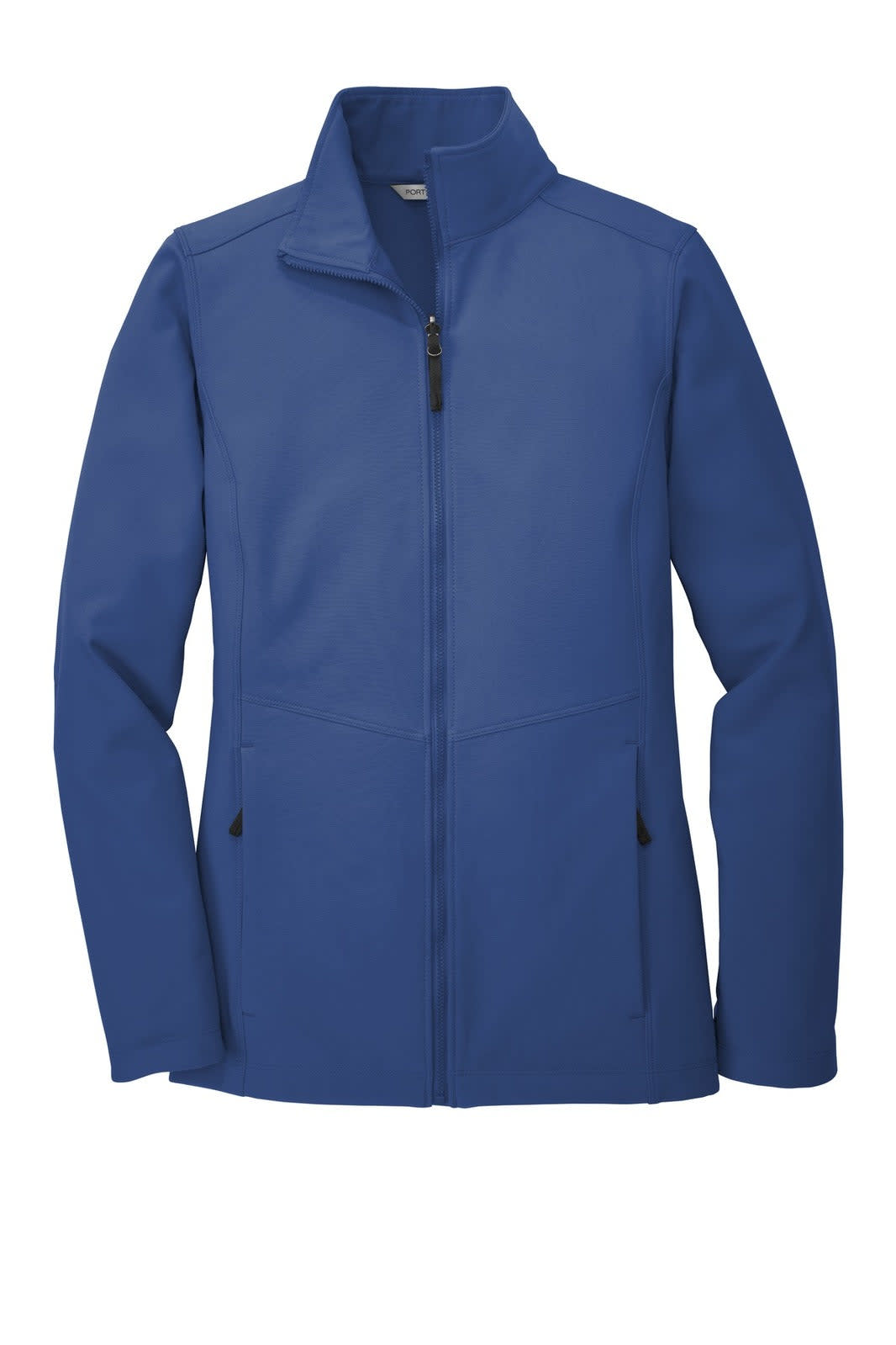 A blue soft shell jacket with a zip front, high collar, and side pockets, featuring a logo.