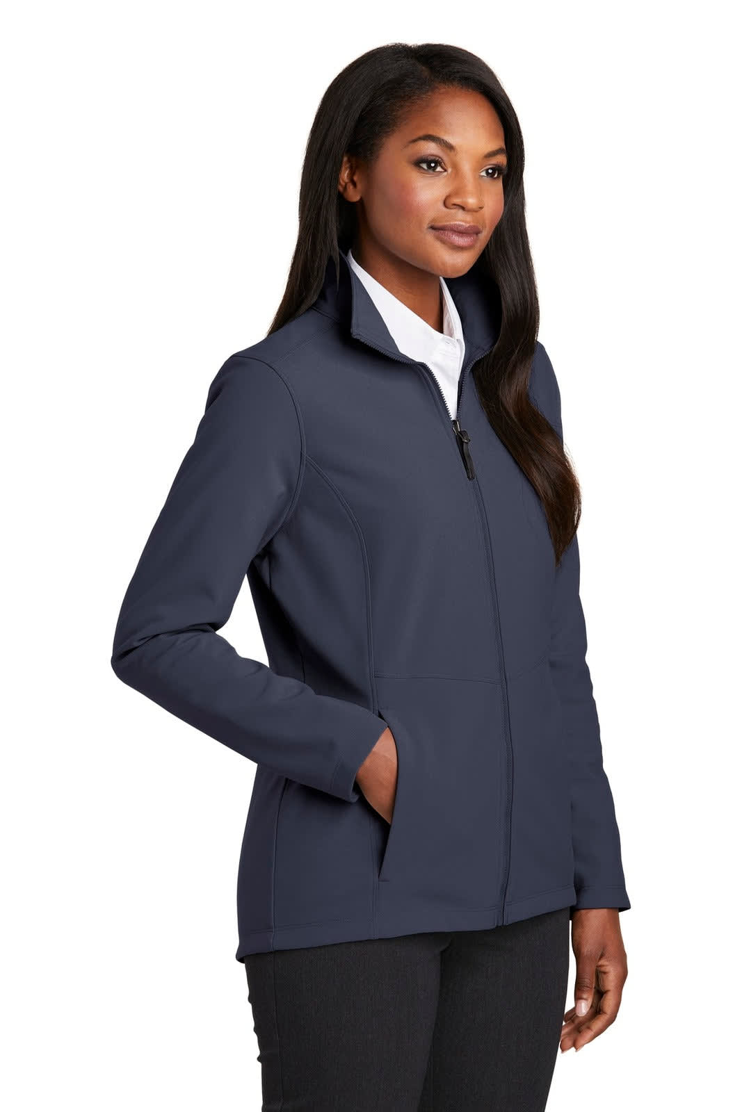 A navy soft shell jacket for women, featuring a zip front and side pockets, with a branding logo present.