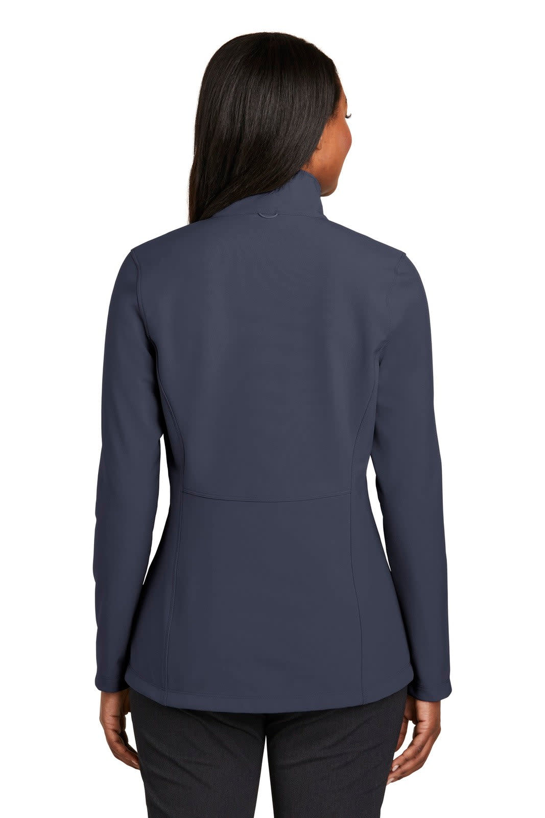 A soft shell jacket in navy, featuring a fitted design and back pleat, with a logo on the back.