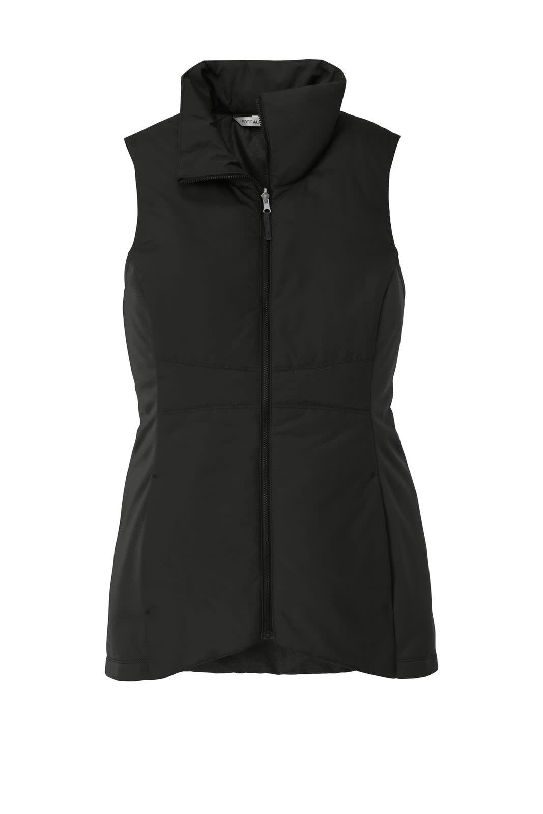 A black insulated vest with a high collar and zip closure, featuring a logo on the side.
