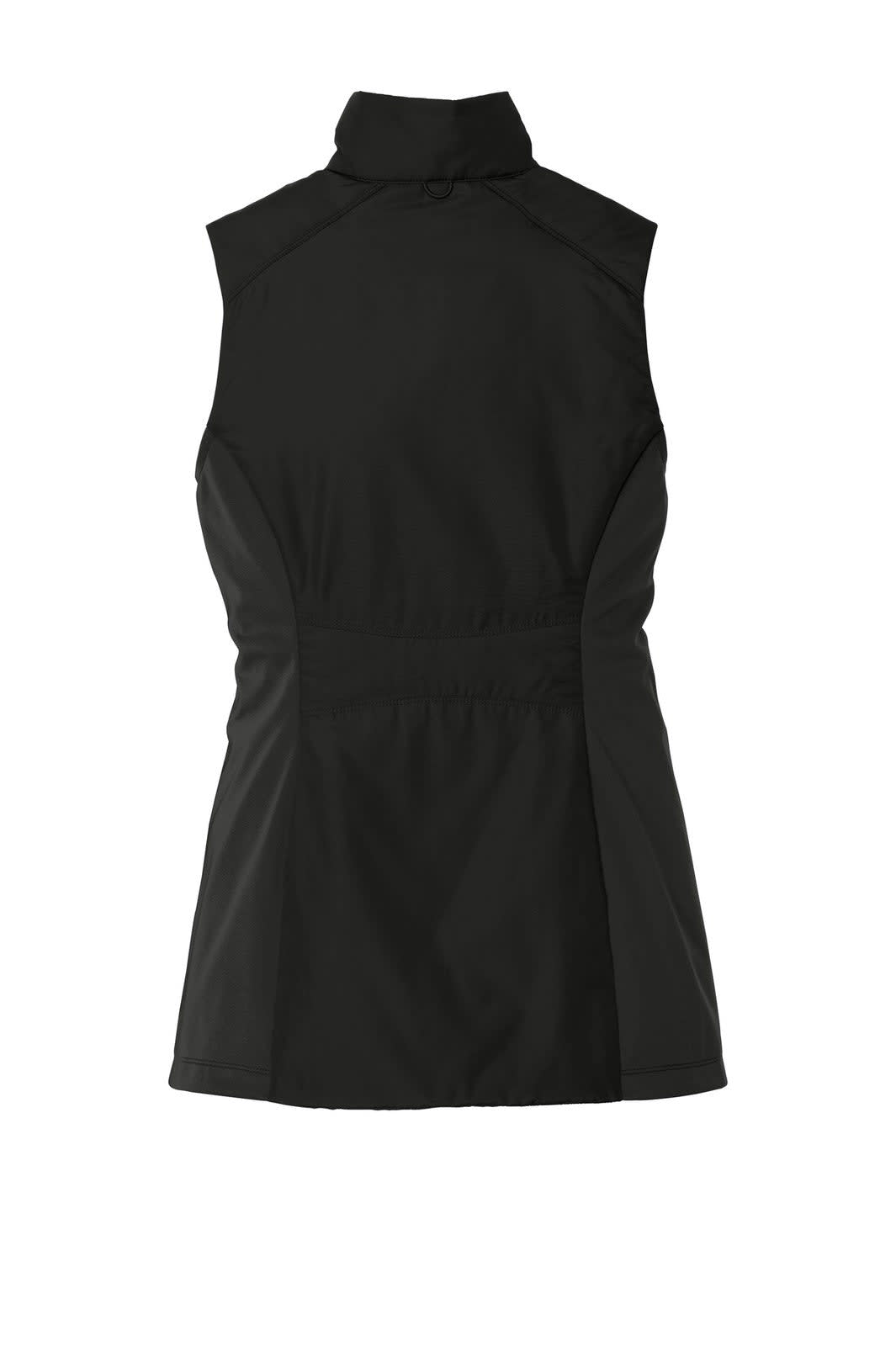 A black insulated vest featuring a high collar and a fitted silhouette, with a logo on the back.