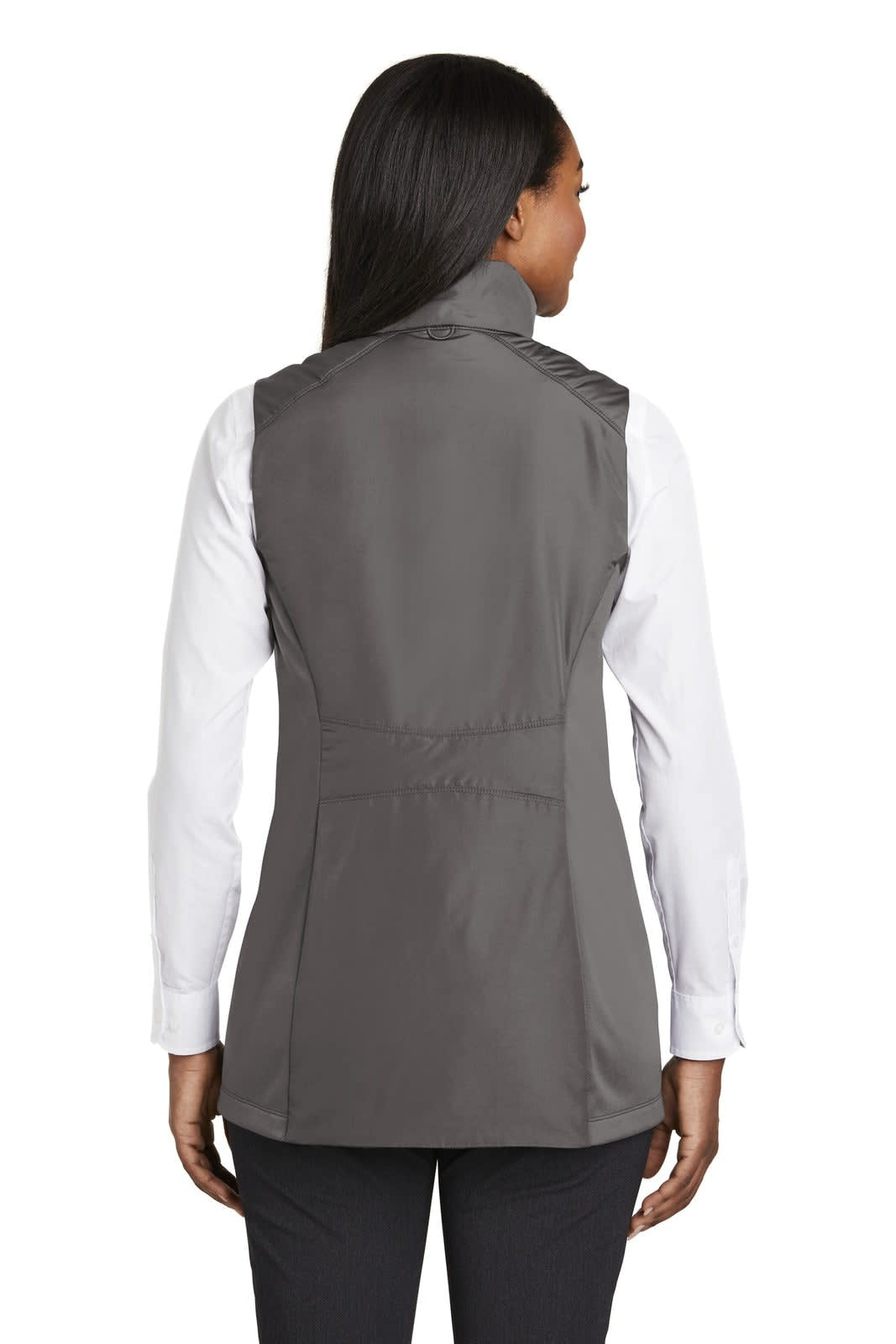 A grey insulated vest featuring a fitted design, seen from the back, with a branding logo visible.