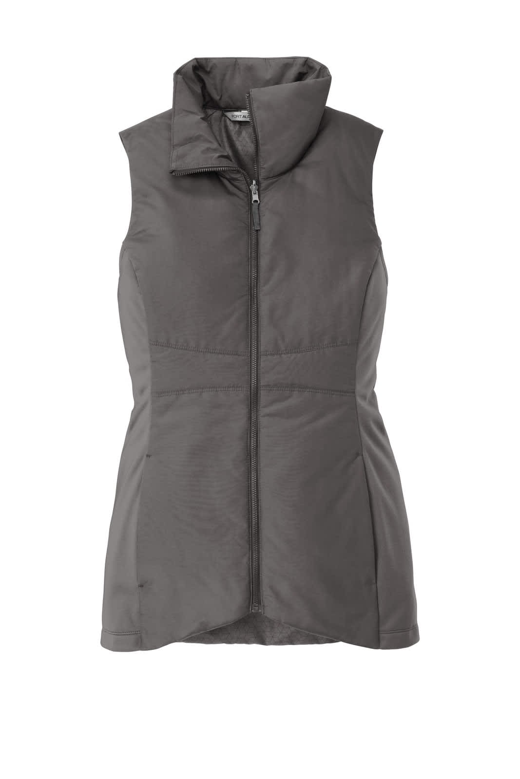 A ladies' insulated vest in grey with a zip front and a stylish collar. It features a logo on the chest.