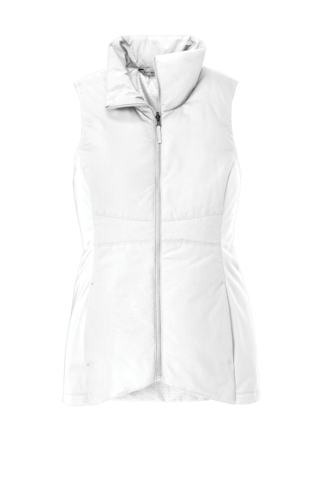 A white insulated vest with a high collar and a front zip, featuring a logo. Suitable for layering.