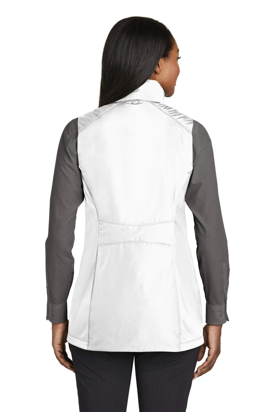 A women's insulated vest in white and grey, featuring a sleek design and a logo on the back.