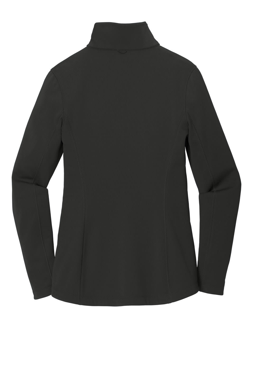 A black fleece jacket with a high collar and long sleeves, featuring a logo on the back.