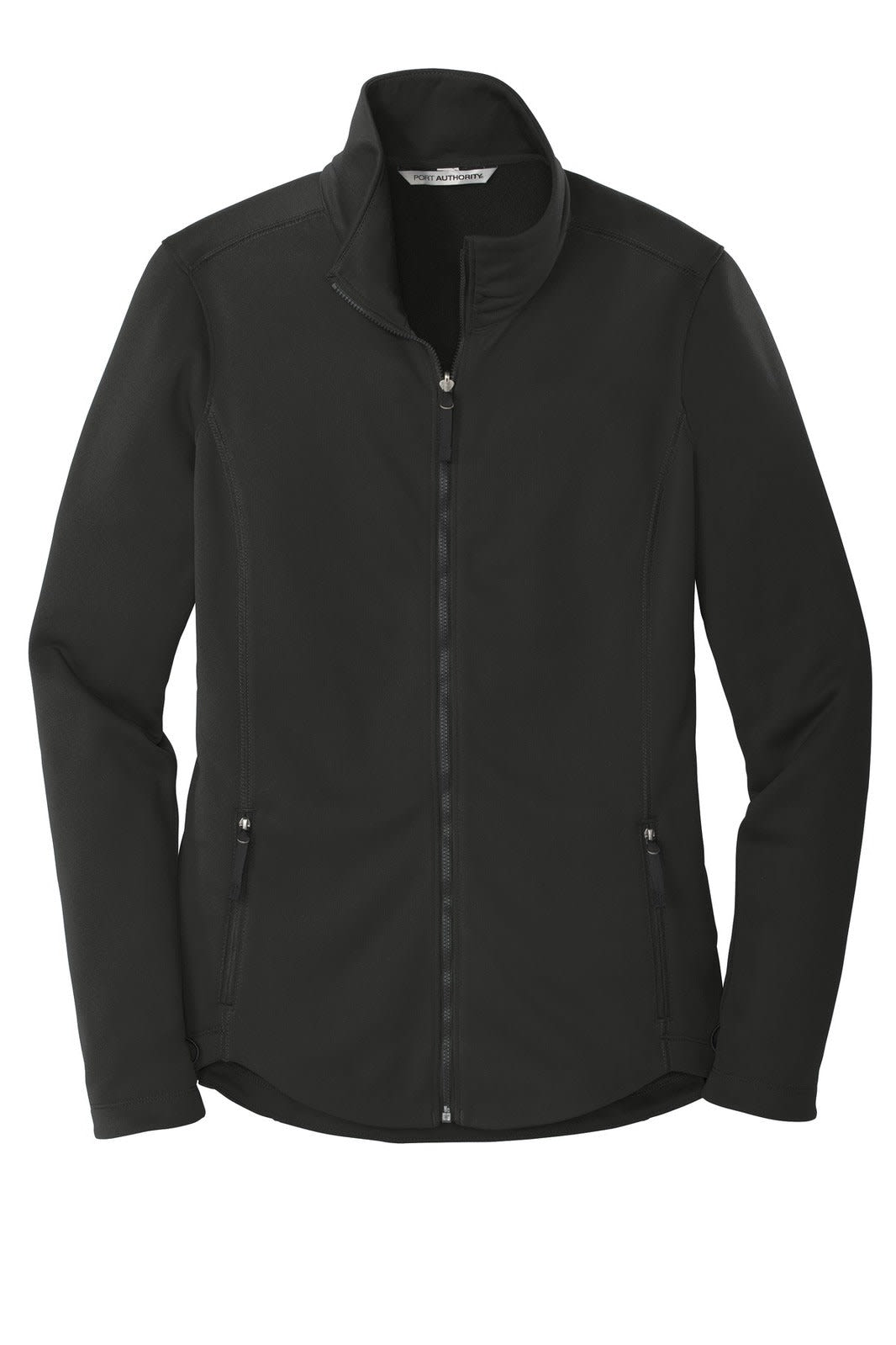 A black women's fleece jacket with a high collar and zippered front, featuring side pockets and a logo.