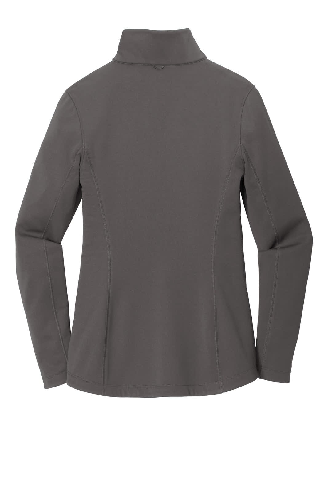 A smooth fleece jacket in a muted grey colour, featuring a high collar and fitted design, with a logo on the back.
