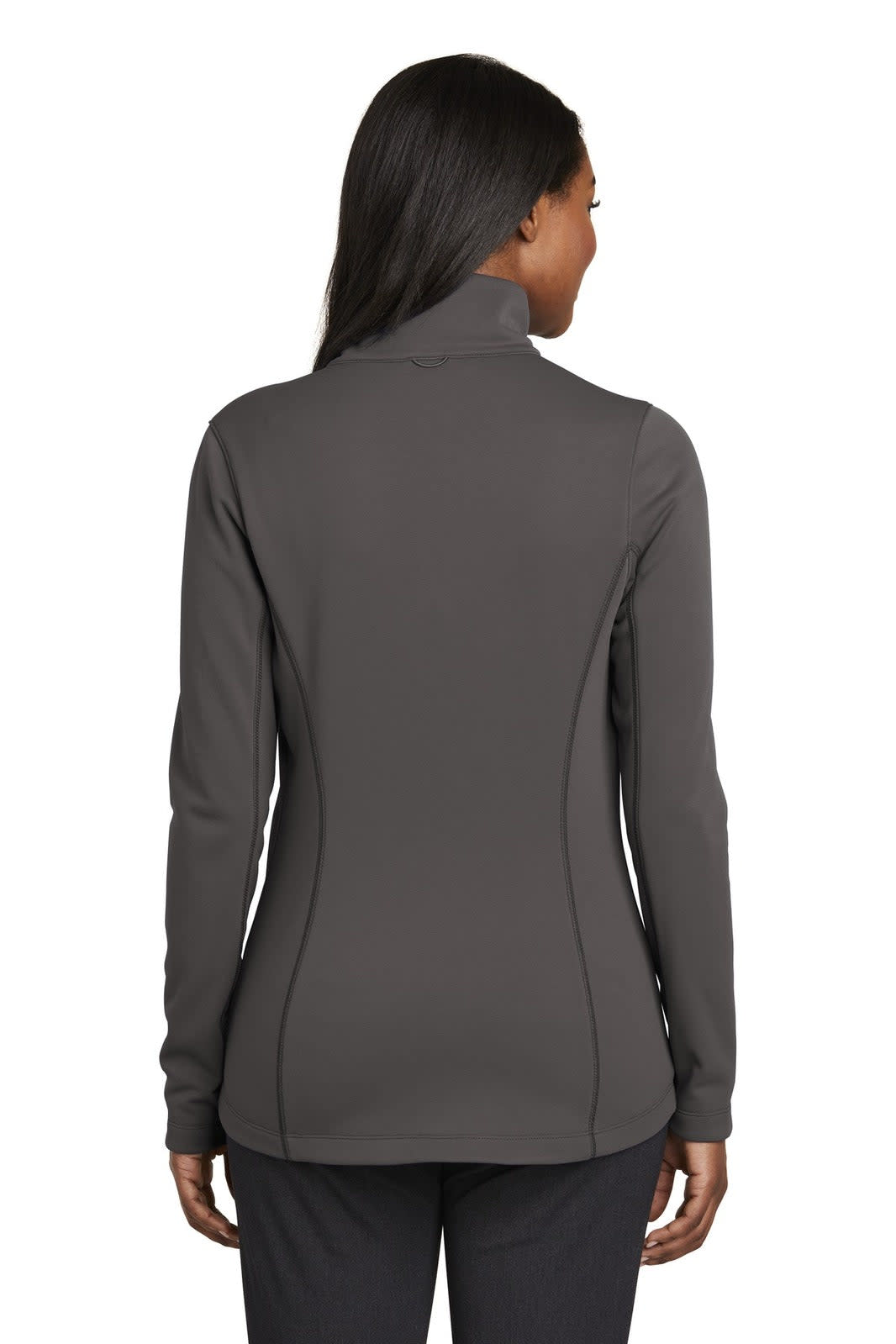 A grey women's fleece jacket with a high collar and fitted design, featuring a logo on the back.