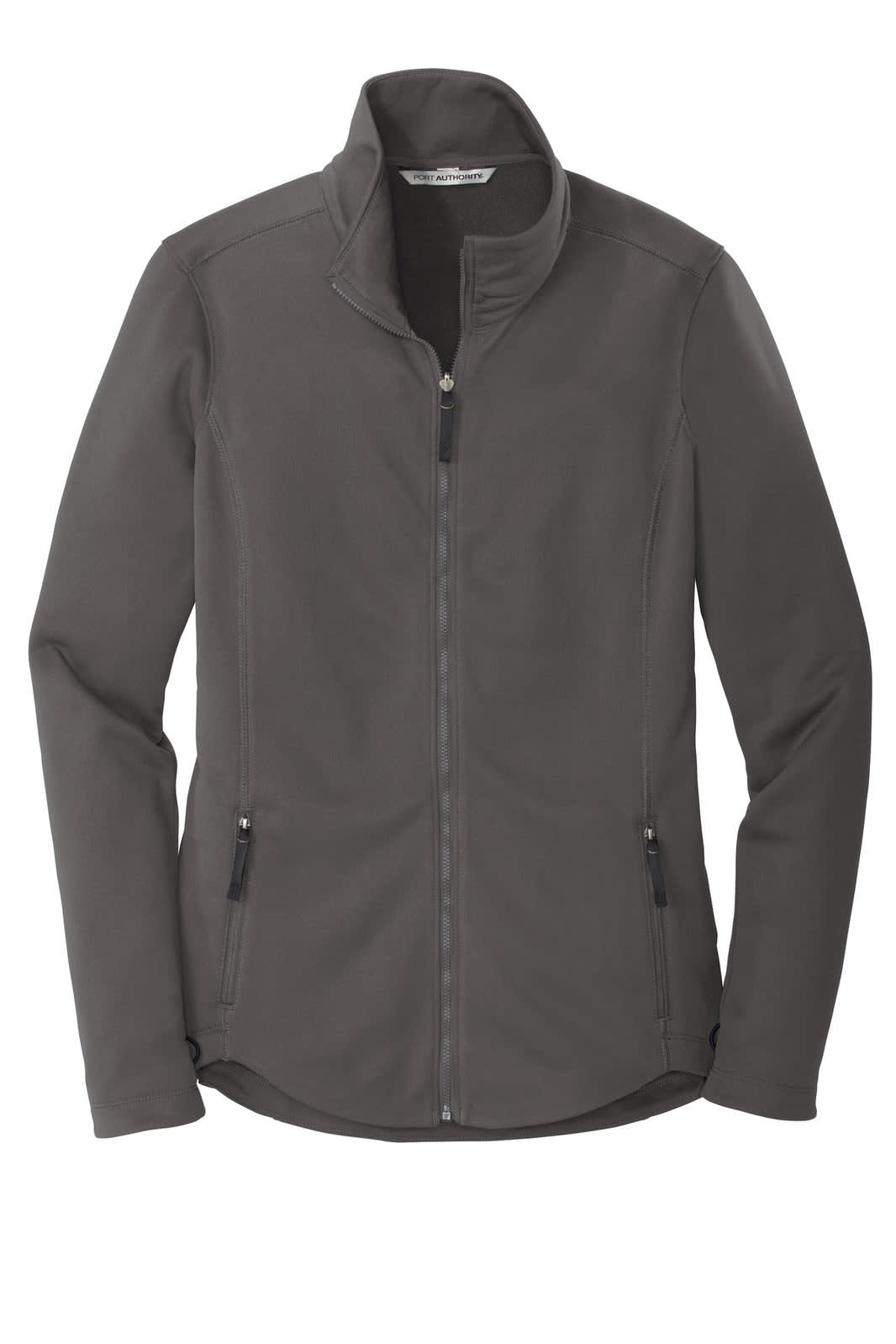A grey fleece jacket with a collar, zip front, and two pockets, featuring a logo.