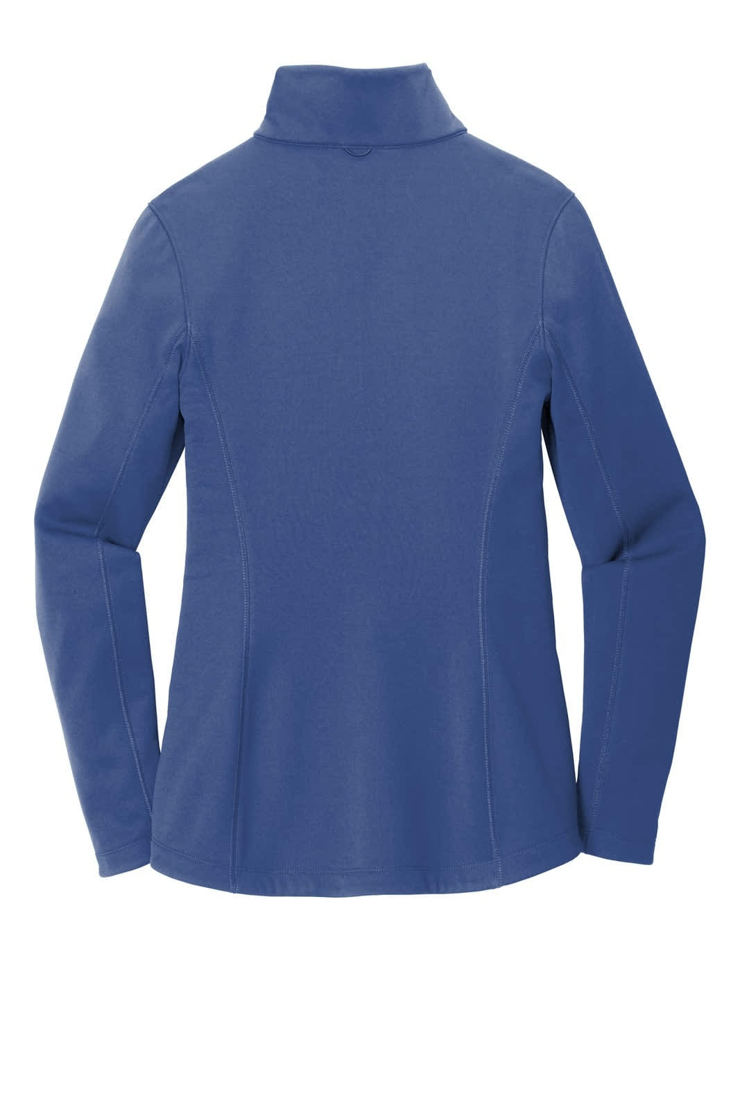 A smooth fleece jacket in blue with a high collar and fitted design. Features a logo on the back.