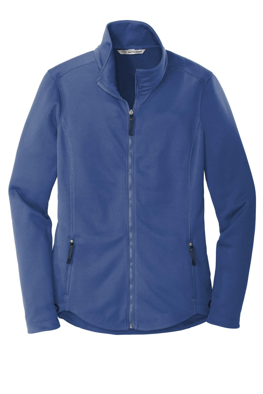 A blue fleece jacket with a zip front, zippered pockets, and a high collar, featuring a logo.