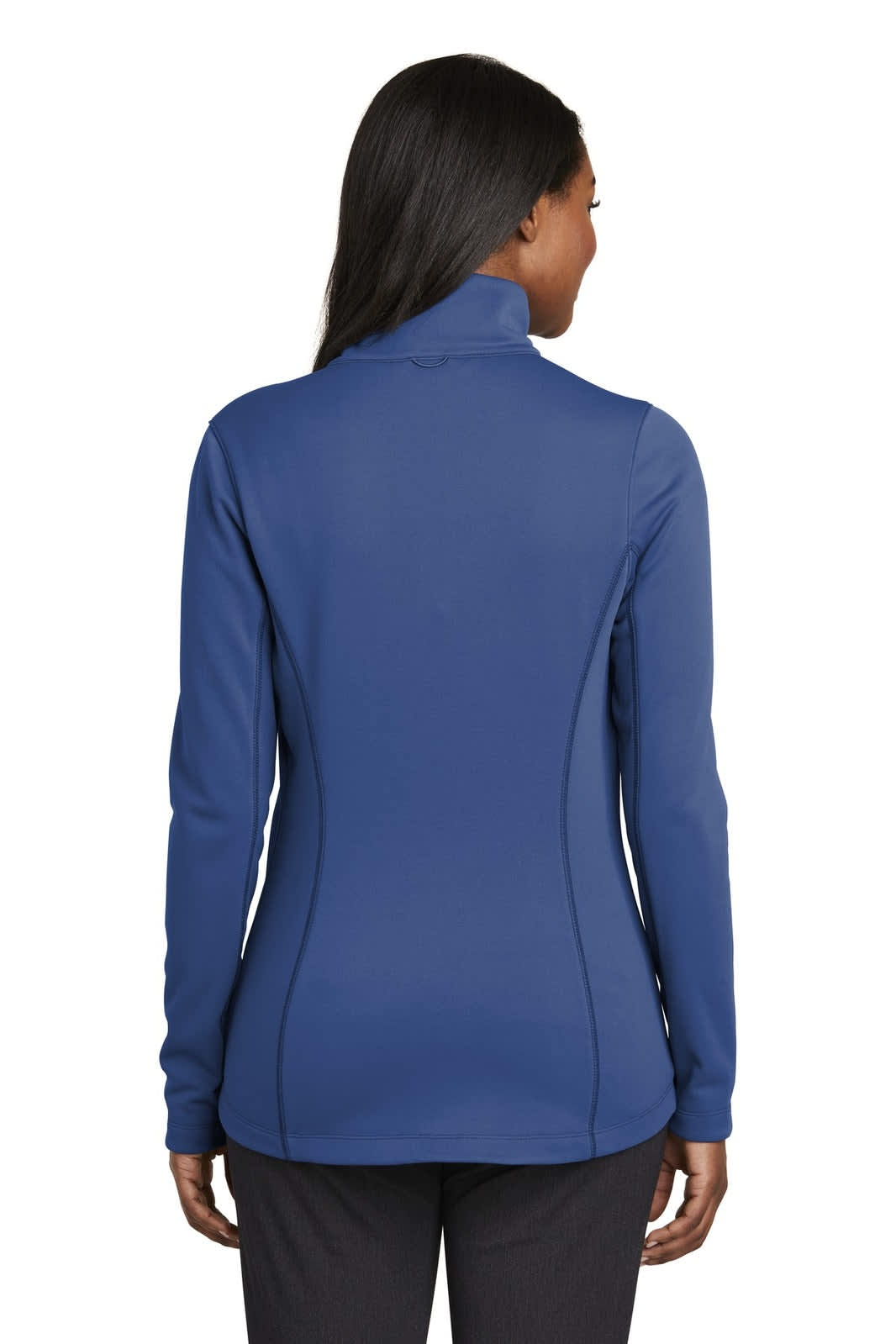 A smooth fleece jacket in navy blue, featuring a high collar and a fitted design. The back view highlights the sleek silhouette.