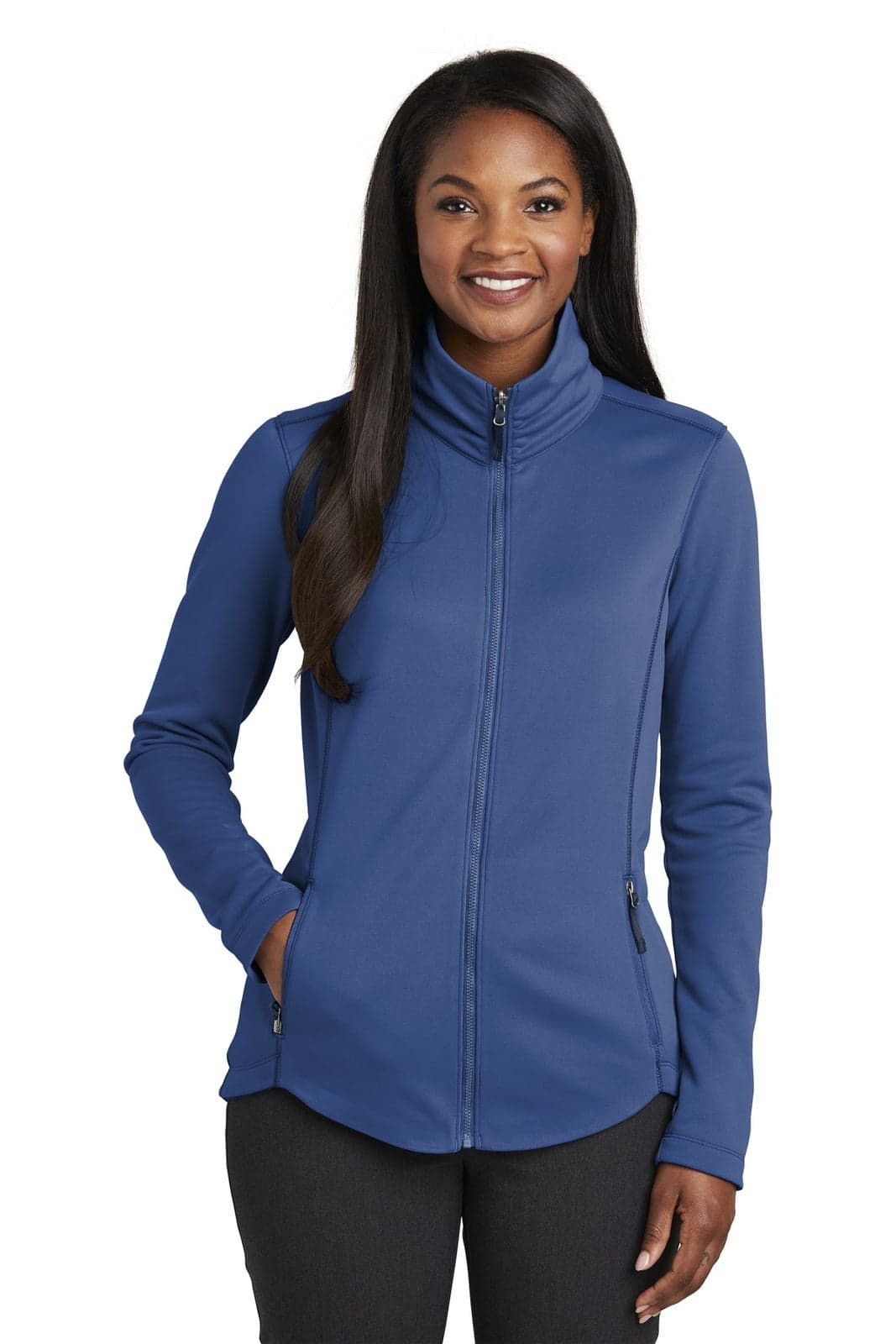 A blue fleece jacket with a zippered front, high collar, and side pockets, featuring a logo.