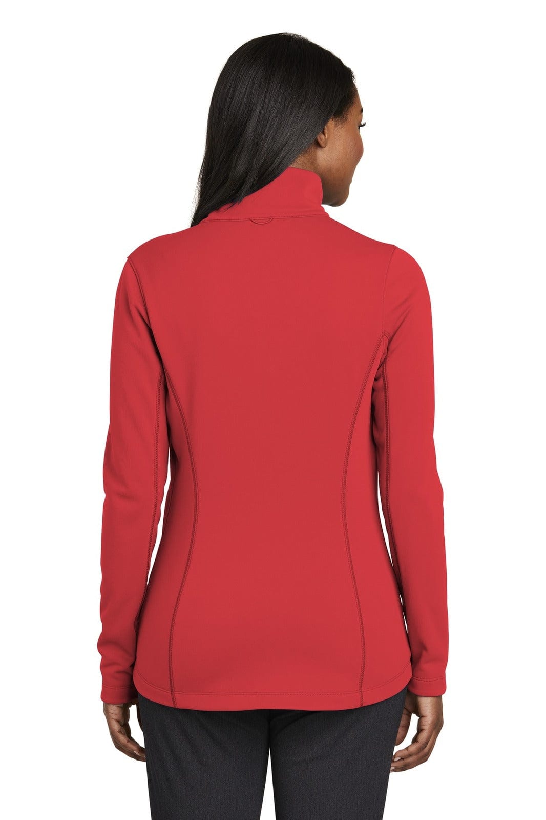 A red ladies' fleece jacket with a high collar and fitted design, featuring a logo on the back.