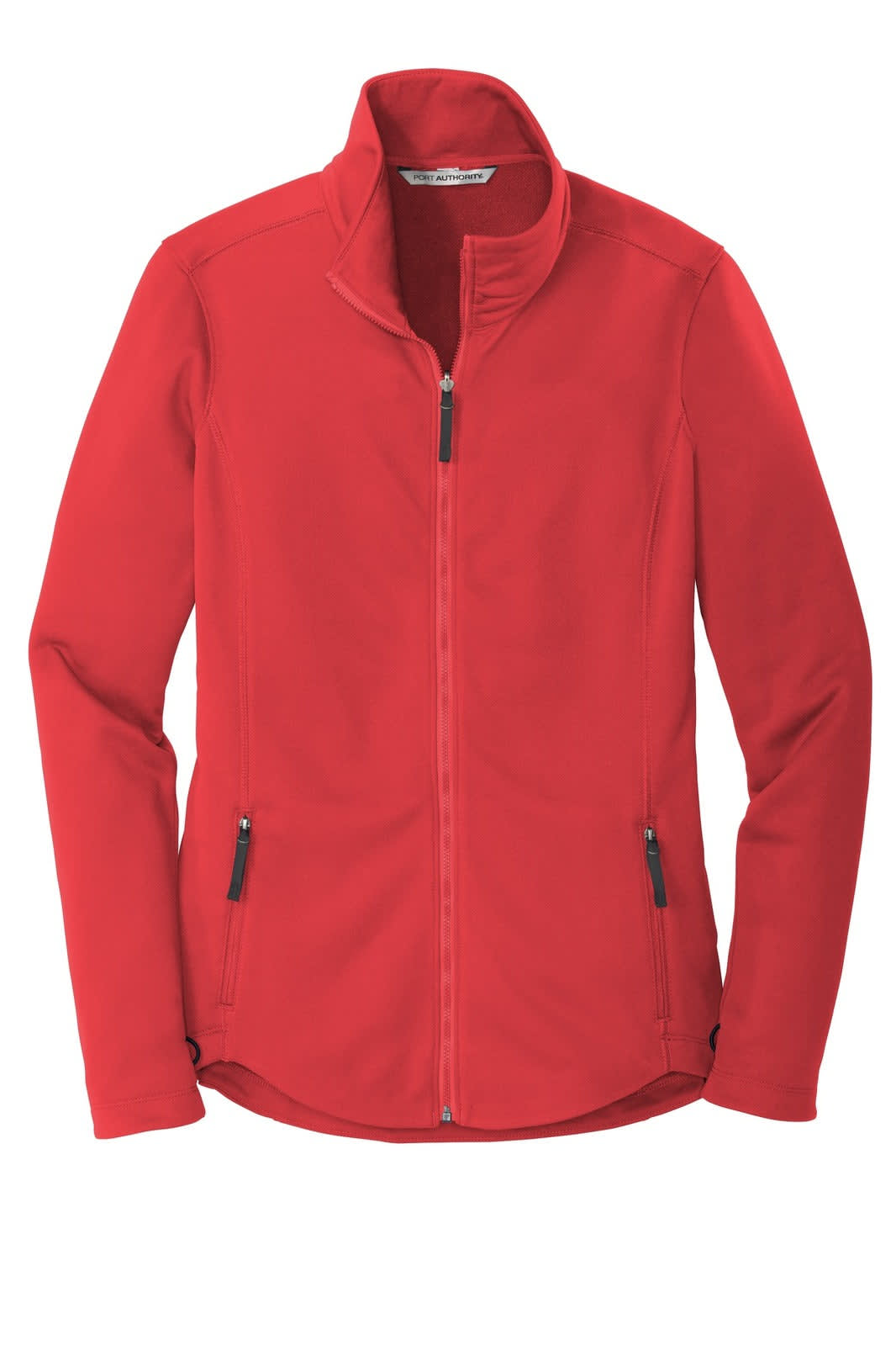 A red fleece jacket featuring a zip front, side pockets, and a collar. The design includes a logo.