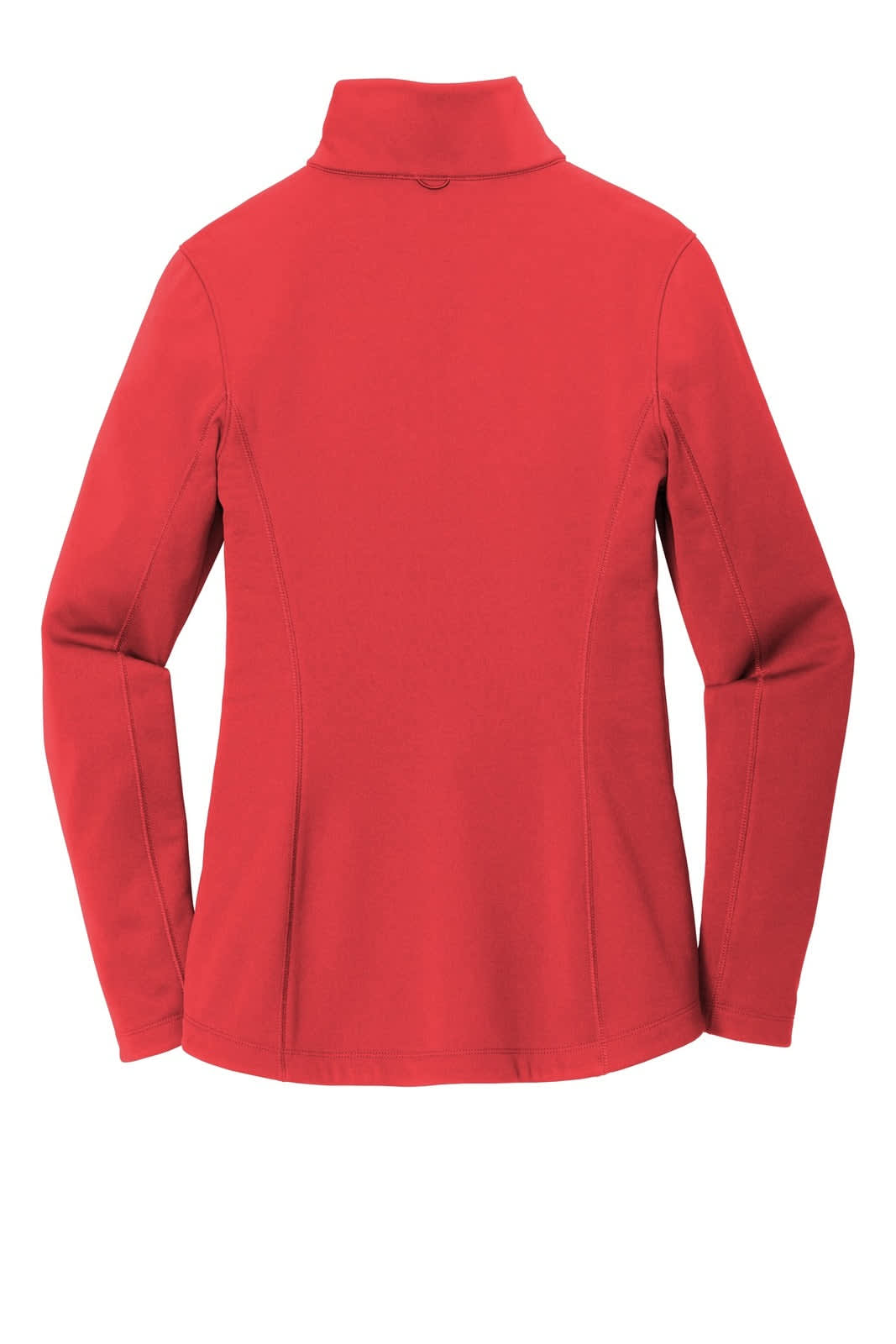 A red fleece jacket with a high collar and smooth finish. Features a logo on the back.