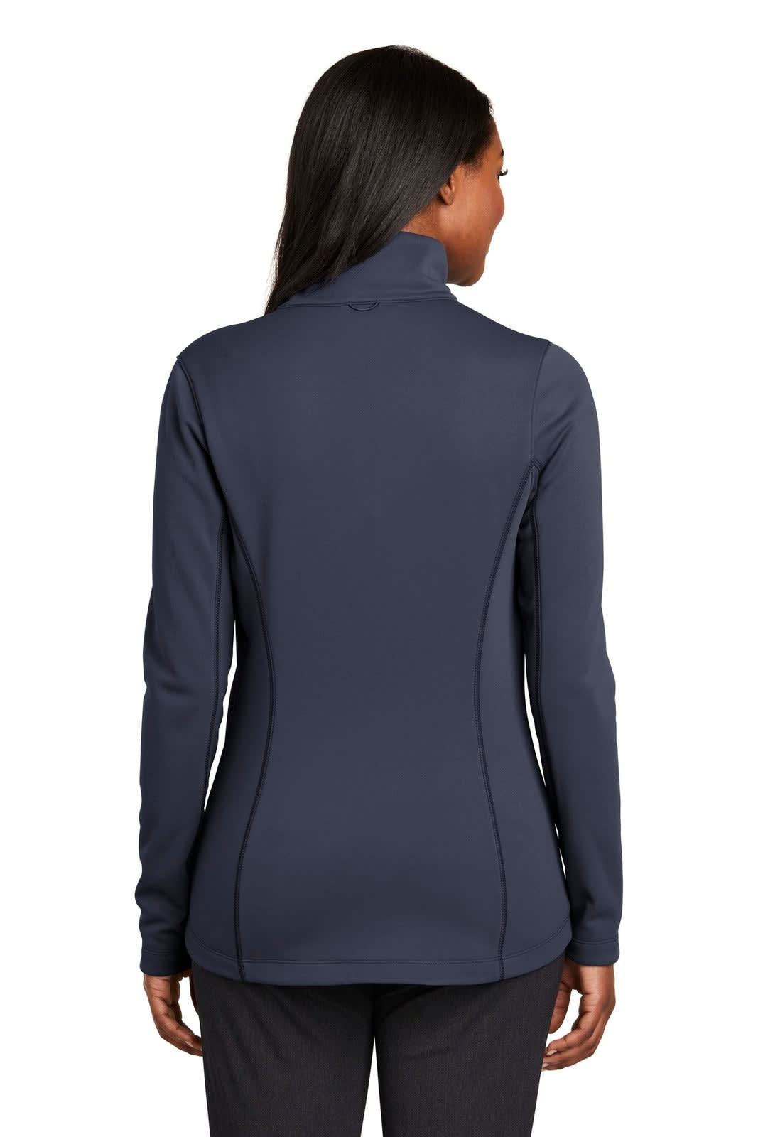A navy blue women's fleece jacket with a high collar and fitted design, featuring a logo.
