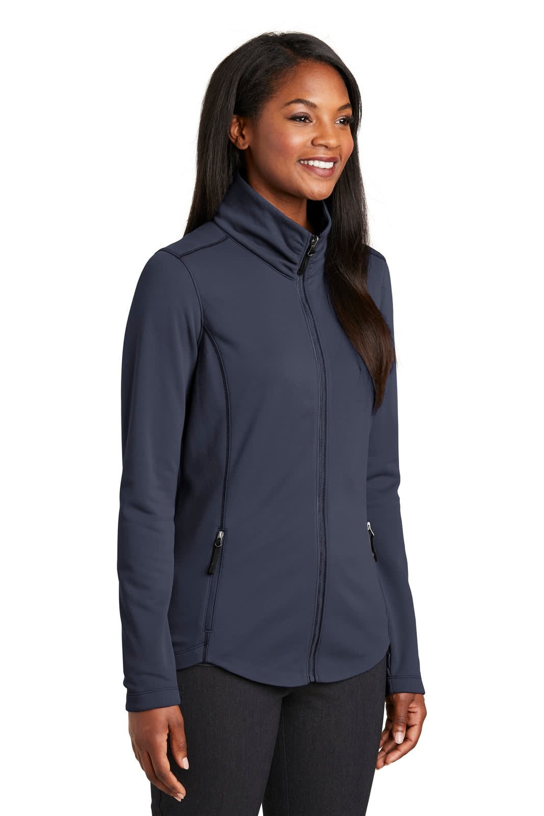 A navy fleece jacket for women featuring a zip front, high collar, and side pockets, with a logo on the chest.