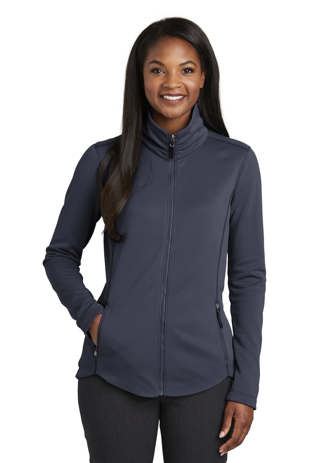 A ladies' smooth fleece jacket in dark navy, featuring a zip front and side pockets, with a logo on the chest.