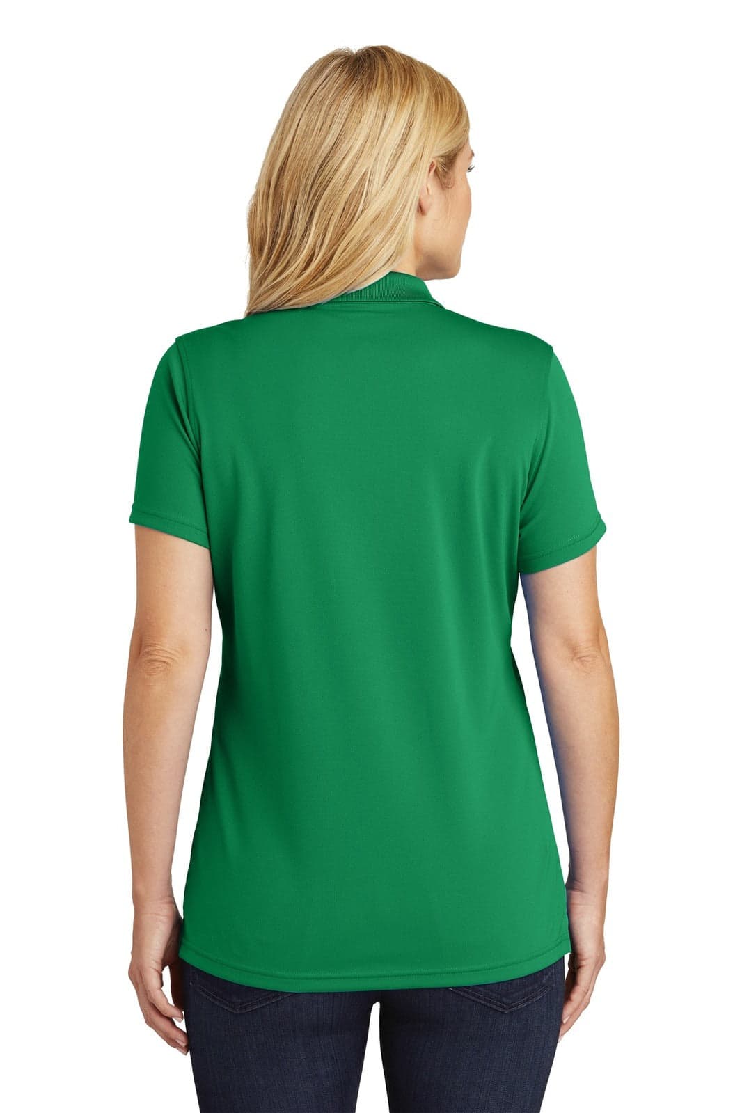 A green polo shirt with a collar and short sleeves, featuring a logo on the back.