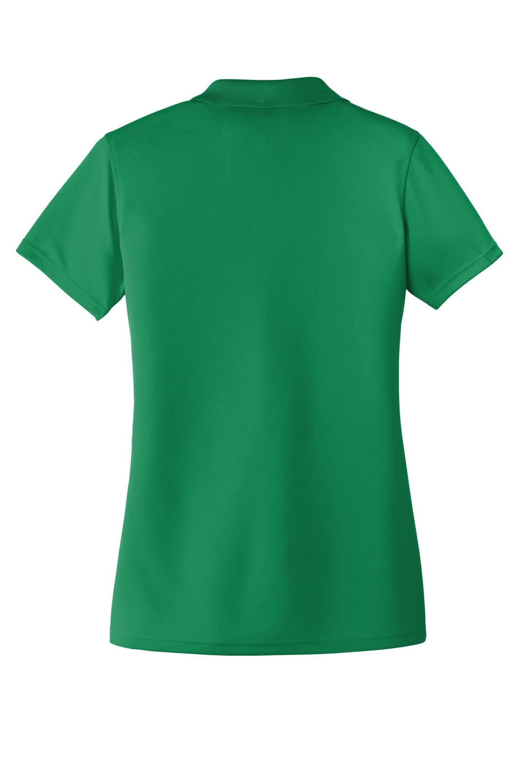 A green ladies' polo shirt with a collar and a logo on the back.