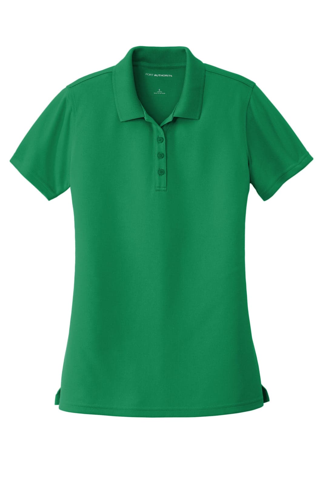 A green ladies' polo shirt made from micro-mesh fabric, featuring a collar and button placket, with a logo.