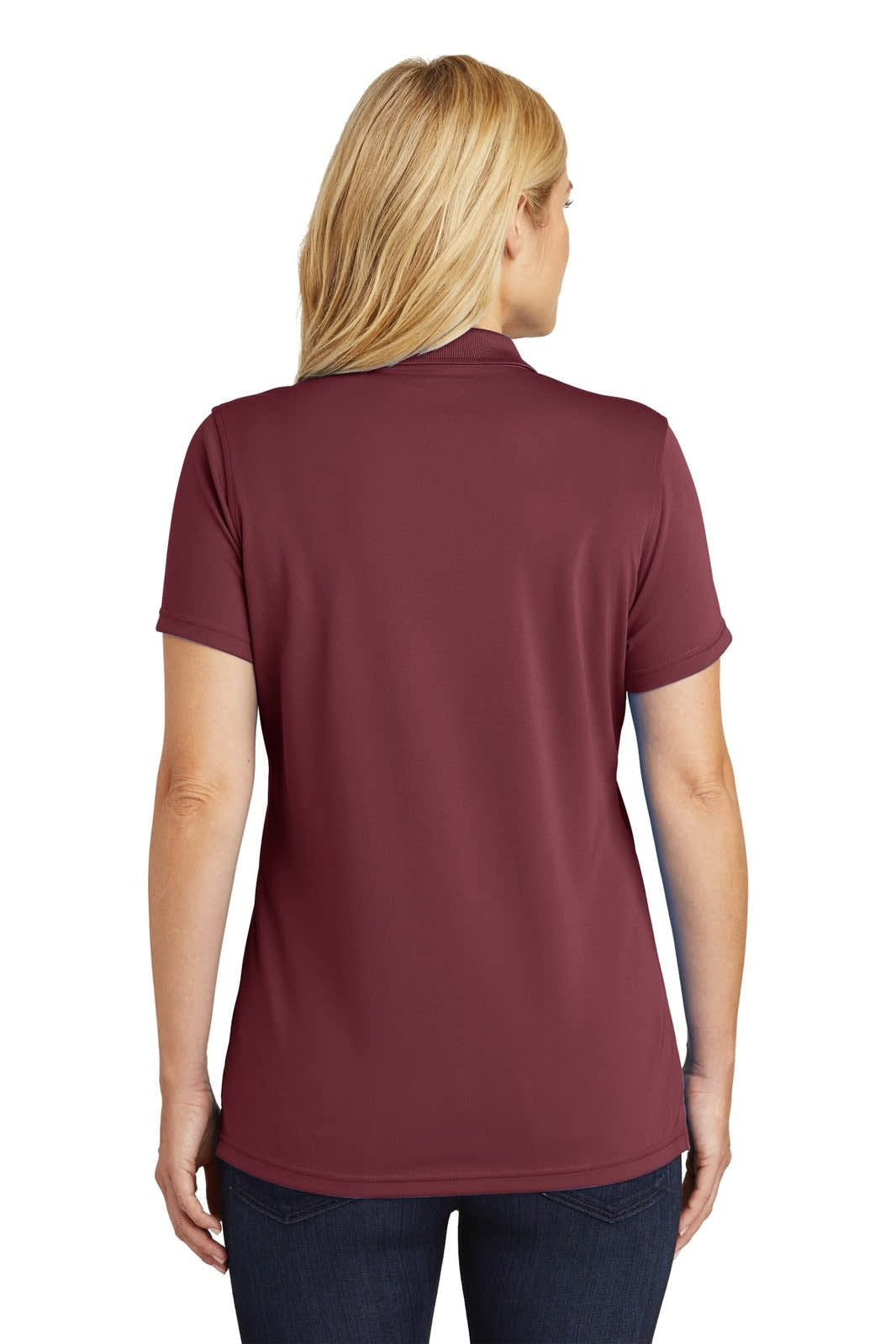 A burgundy ladies' polo shirt with short sleeves and a classic collar, featuring a logo on the garment.